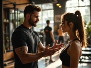 Fitness trainer begeleidt cliënt in moderne sportschool met natuurlijk licht en warme sfeer