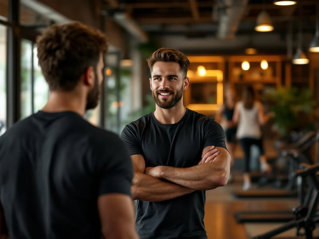 Fitnesstrainer demonstreert oefening in lokale sportschool met warme sfeer en moderne apparatuur op achtergrond