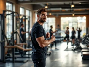 Fitness trainer demonstreert oefening in moderne sportschool met natuurlijk licht en houten accenten in Rotterdam