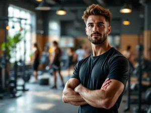 Fitnesstrainer in moderne sportschool met natuurlijk licht, donkere fitnessapparatuur en warme houten accenten