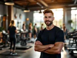 Fitness trainer in moderne sportschool met warme verlichting en trainende leden op de achtergrond in Rotterdam