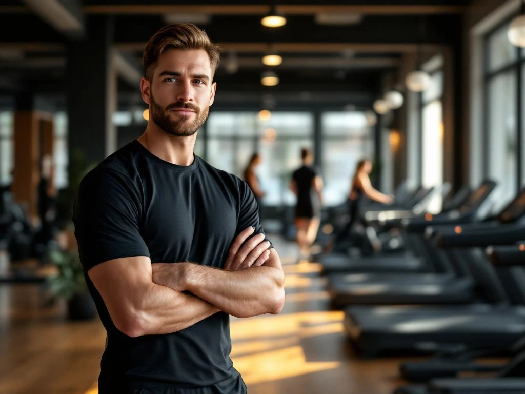 Fitnesstrainer in donkere sportkleding staat in moderne sportschool met Technogym apparatuur en warme verlichting