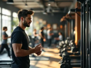 Trainer begeleidt klant bij krachttraining in moderne sportschool met natuurlijk licht en warme sfeer