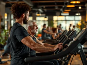 Trainer begeleidt oudere volwassene op fitnessapparatuur in gezellige lokale sportschool met warme natuurlijke verlichting