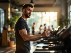 Fitnesstrainer demonstreert oefening in moderne lokale sportschool met natuurlijk licht en warme houten accenten