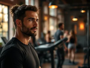 Fitness trainer begeleidt klanten in gezellige sportschool met natuurlijk licht en houten accenten