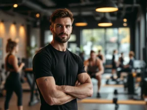 Trainer in donker sportshirt begeleidt in moderne lokale sportschool met warme houten accenten en natuurlijke belichting