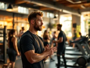 Trainer demonstreert oefenvorm in gezellige buurtgym met natuurlijk licht en moderne fitnessapparatuur