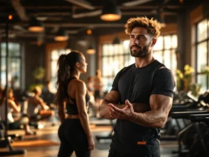 Trainer in donkere sportkleding in moderne lokale sportschool met warme houten accenten en natuurlijke verlichting