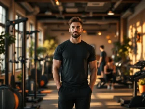 Fitness trainer in donkere sportkleding staat in moderne lokale sportschool met warme verlichting en houten accenten