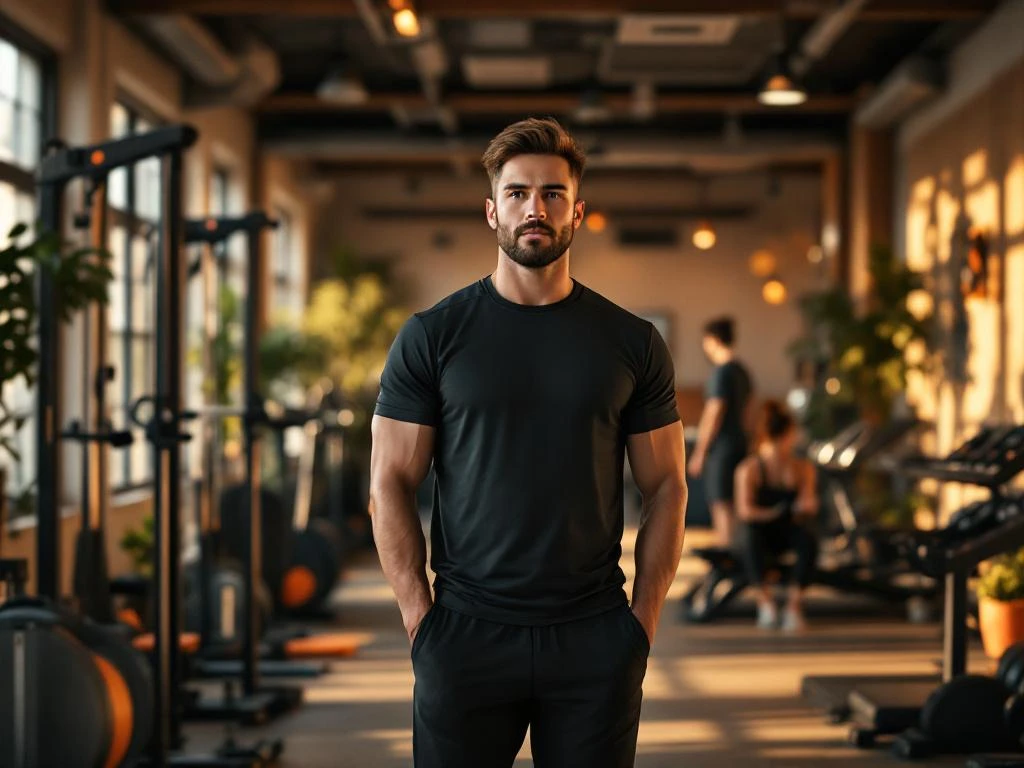 Fitness trainer in donkere sportkleding staat in moderne lokale sportschool met warme verlichting en houten accenten