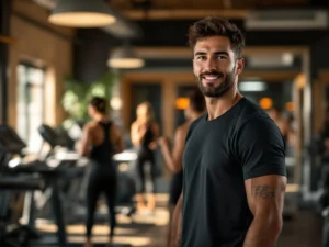 Trainer in donkere sportkleding staat in moderne lokale sportschool met warme houten accenten en natuurlijke verlichting