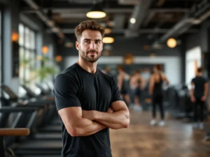 Personal trainer in donkere sportkleding in gezellige lokale sportschool met warme verlichting en houten accenten