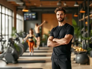 Fitness trainer in donkere sportkleding staat in gezellige lokale sportschool met warme verlichting en houten accenten