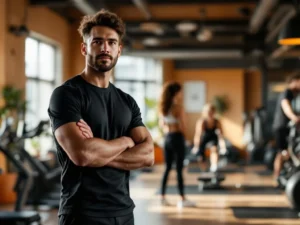 Fitnesstrainer in donkere sportkleding in lokale sportschool met warme verlichting en houten accenten