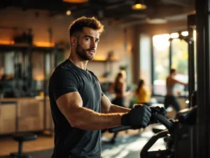 Personal trainer demonstreert fitnessapparatuur in moderne sportschool met natuurlijk licht en warme houten accenten