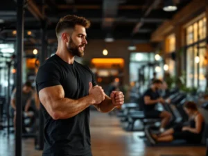 Personal trainer demonstreert oefening in moderne sportschool met warme verlichting en trainende mensen op achtergrond