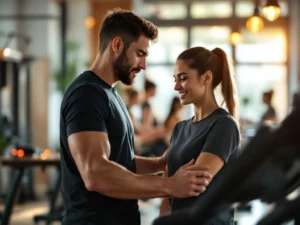 Personal trainer begeleidt cliënt in gezellige lokale sportschool met moderne apparatuur en warme sfeer