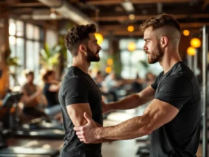 Personal trainer demonstreert oefening op fitnessapparatuur in gezellige sportschool met natuurlijk licht en houten accenten