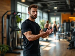 Fitnesstrainer demonstreert oefening in moderne sportschool met natuurlijk licht en houten accenten