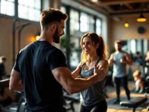 Personal trainer begeleidt kleine groep in warme, moderne sportschool met natuurlijk licht en houten accenten