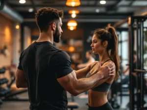 Personal trainer begeleidt cliënt in moderne sportschool met warme verlichting en houten accenten