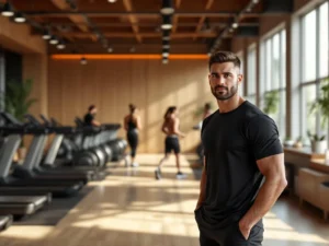 Fitness trainer in moderne sportschool Rotterdam-Noord met houten accenten en natuurlijke belichting, sporters op achtergrond