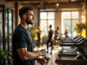 Fitnesstrainer demonstreert oefening in warme, goed verlichte sportschool met moderne apparatuur en houten accenten