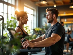 Trainer demonstreert juiste vorm op fitnessapparatuur in warme, uitnodigende sportschool met natuurlijk licht