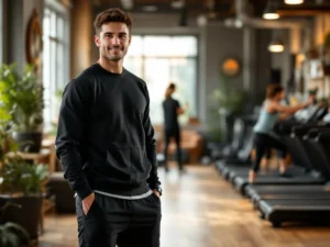 Sportschool trainer in donkere sportkleding staat in moderne fitnessruimte met houten accenten en warme sfeer