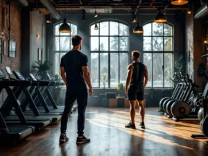 Trainer in sportschool met moderne fitnessapparatuur, natuurlijke belichting en mensen die trainen op achtergrond