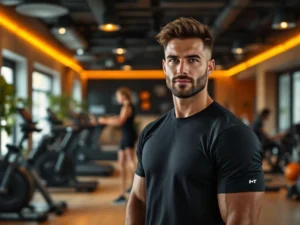 Trainer in donker sportshirt in moderne sportschool met houten accenten en natuurlijke belichting, mensen trainen op achtergrond
