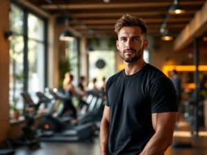 Fitnesstrainer in moderne community gym met natuurlijk licht, donkere apparatuur en warme houten accenten