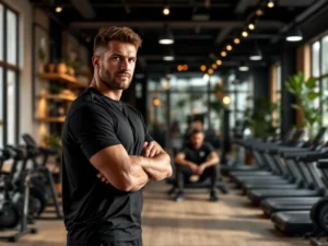 Trainer in donker sportshirt in moderne sportschool met houten accenten en natuurlijke belichting, mensen trainen op achtergrond