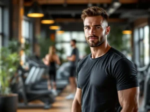 Trainer in donker sportshirt in warme moderne sportschool met houten accenten en natuurlijke belichting
