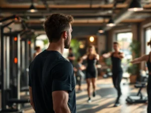 Trainer begeleidt leden in moderne buurtgym Rotterdam met natuurlijk licht en warme houten accenten