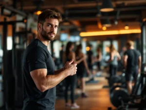 Trainer demonstreert juiste houding in moderne Rotterdam sportschool met natuurlijk licht en donkere fitnessapparatuur