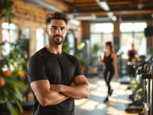 Trainer in donkere sportkleding staat in moderne fitnessruimte met houten accenten en natuurlijk licht in Rotterdam