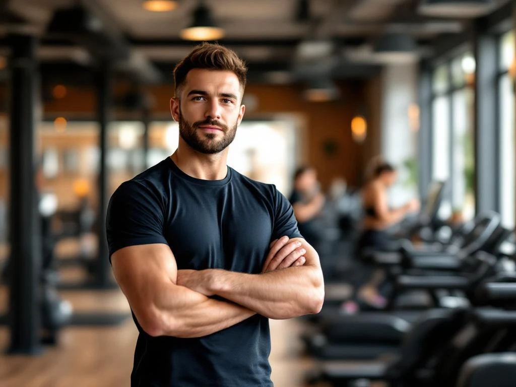 Trainer in donkere sportkleding in moderne fitnessruimte met houten accenten en natuurlijk licht in Rotterdam