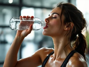 Atleet drinkt water uit fles in moderne sportschool, zweet en waterdruppels zichtbaar in natuurlijk licht