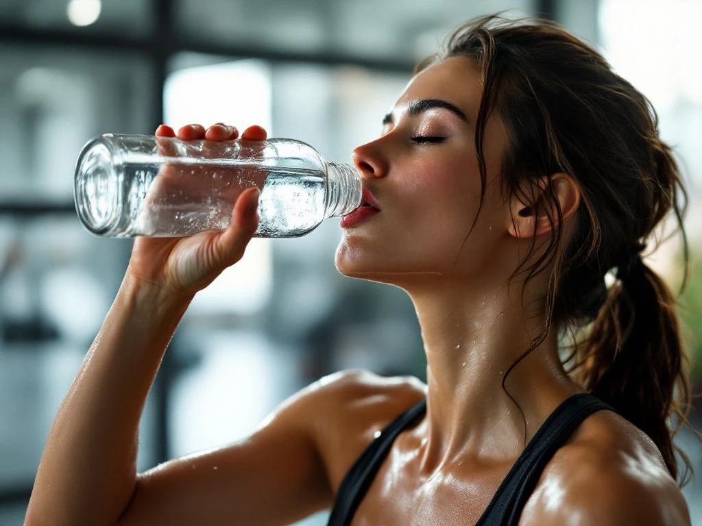 Atleet drinkt water uit fles in moderne sportschool, zweet en waterdruppels zichtbaar in natuurlijk licht