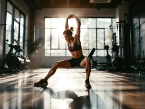 Atleet doet dynamische stretchoefeningen in moderne sportschool met natuurlijk ochtendlicht door grote ramen