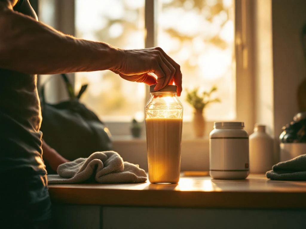 Gespierde atleet pakt eiwitshake in keuken na training, ochtendlicht door raam, sporttas en handdoek op aanrecht