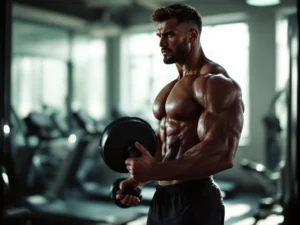 Gespierde atleet met halter in moderne sportschool, zwetend na training met cardio-apparaten op achtergrond