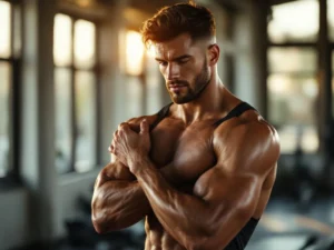 Atleet masseert schouder na workout in moderne sportschool met natuurlijk licht door grote ramen