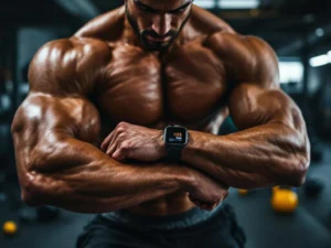 Gespierde atleet controleert digitale stopwatch tijdens training in moderne sportschool met gewichten op de vloer