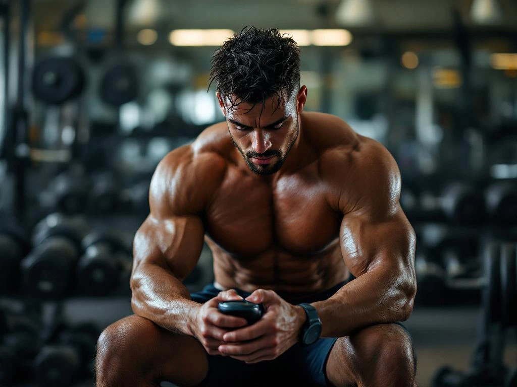 Gespierde atleet controleert stopwatch tijdens rustpauze op sportschoolbank, omringd door gewichten