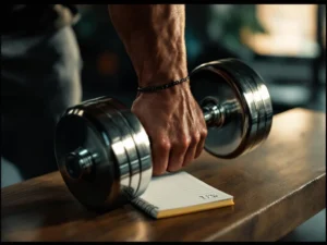 Gespierde onderarm grijpt chromen halter tijdens bicep curl, zweetdruppels zichtbaar, notitieblok op houten bankje