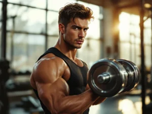 Jonge man doet bicep curl met chromen halter in moderne sportschool met natuurlijk licht door ramen