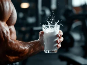 Gespierde atleet houdt glas water vast met creatinepoeder dat oplost, sportschool op achtergrond